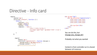 Directive - Info card
angular
.module('app')
.directive('infoCard', function () {
return {
restrict : 'E',
scope : false,
...