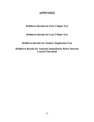 15
APPENDIX
Drilldown Results for First 2 Digits Test
Drilldown Results for Last 2 Digits Test
Drilldown Results for Number Duplication Test
Drilldown Results for Amounts Immediately Below Internal
Control Threshold
 