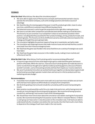 15
FEEDBACK
What We Liked:What didyou like aboutthe simulationproject?
 We were able to applymanyof the businessconceptsandframeworkslearnedinclassto
operate the stimulationcompany,suchasthe strategicpositionandrelative source of
advantage
 We likedthe ideaof amovingsegmentbecause inreal life,productsgetolder,losesitsvalue
overtime,anddifferentcustomershave differentbuyingcriteria
 The balancedscorecardis useful togetthe projectedresultsrightaftermakingdecisions.
 We have to considerothercompetitors'possible decisionsbefore makingourfinal decisions.
Thisforcedus to put ourselvesinourcompetitor’sshoestosee whatwe woulddointheir
position,includingwhattheywoulddofortheirproductstrategy,pricing,productionlevels,and
marketing/sales.Thisforcedustothinkof differentscenarios andmake adecisionbasedonthe
strategywe thought theywere goingtotake.
 The simulationhighlightsthe positive impactsof long-terminvestments;we hadtomake
 The simulationwasforgivingtoteamsthatmade massive lossesandseemedlikethey couldn’t
come back from theirmassive emergencyloans
 We likedhowthe game wasflexibleinthe sense thatthere are a varietyof strategieswe could
have taken
 We likedhowthe game hada recessioninthe middle rounds,makingitmore realisticand
reflectiveof real life
What We Didn’t Like:What didyou findfrustratingand/orrecommenddoingdifferently?
 It requireshuge amountof time atthe beginningtogetto understandthe game andhow to
performeffectively.While thiswasfun,itwasalsoveryfrustratingwhenwe made decisionsin
earlierroundsthatwe thoughtwere rightbutendedupworkingagainstusbecause of factors
we didn’tconsider,suchasforecastingcorrectlyandhow that impactsour income statement.
 We were frustratedattime whenwe workedhardtoput togetheranideal productsegmentand
we believedwe wouldgetagreatermarketshare andlostout to inferiorproductswithless
marketingandsalesbudget
Recommendations:
 It wouldbe more valuable if there were more add-onssowe have more variableswe canlearn
withand have more optionstodifferentiateourcompanyfromcompetitors
 We thinkthe gradingcriteriashouldincludethe cumulative profittoavoidmanipulatingthe
results
 More practice roundswouldbe useful forusto make trialsand errors,while havingmore real
roundscan trulydistinguishthe winningandlosingteams.We recommendhaving3practice
roundsfirst,andhaving2 real roundsineach of the followingweeks.
 We shouldhave more time tolearnaboutthe simulationrulesbefore startingthe firstpractice
rounds.We recommendstartingthe firstpractice roundinWeek3 insteadof Week2.In Week
2, each groupcan have some in-classdiscussiononthe simulationrules.If all teamsare able to
understandfullythe simulationrulesbefore the real rounds,thenthe final resultismore likely
to dependonthe strategyof each teammade inthe real rounds.
 