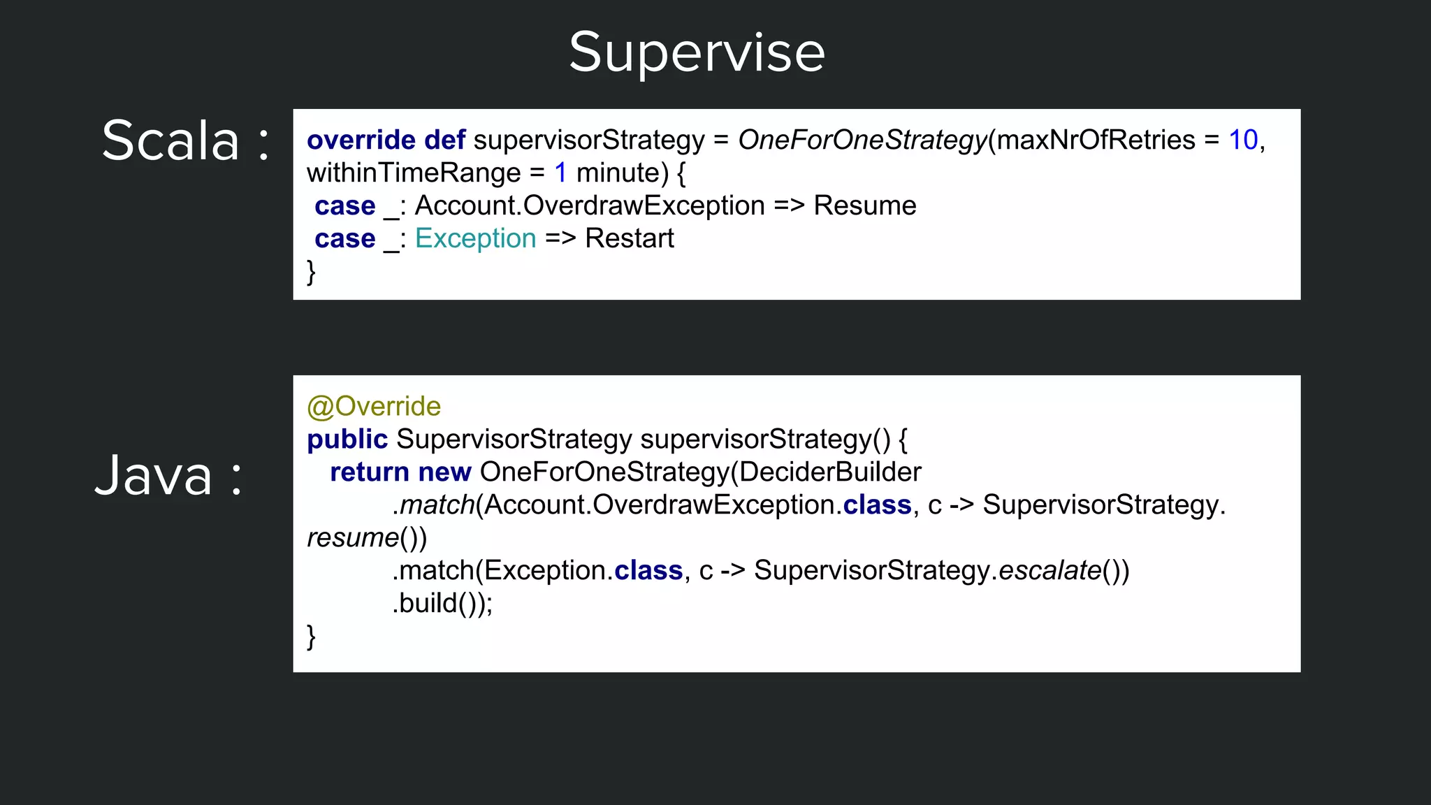 Supervise
Scala : override def supervisorStrategy = OneForOneStrategy(maxNrOfRetries = 10,
withinTimeRange = 1 minute) {
case _: Account.OverdrawException => Resume
case _: Exception => Restart
}
Java :
@Override
public SupervisorStrategy supervisorStrategy() {
return new OneForOneStrategy(DeciderBuilder
.match(Account.OverdrawException.class, c -> SupervisorStrategy.
resume())
.match(Exception.class, c -> SupervisorStrategy.escalate())
.build());
}
 