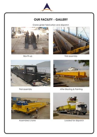 OUR FACILITY - GALLERY
Crane girder fabrication and dispatch
Box fit-up Trial assembly
Trial assembly After Blasting & Painting
Assembled crane Loaded for dispatch
 