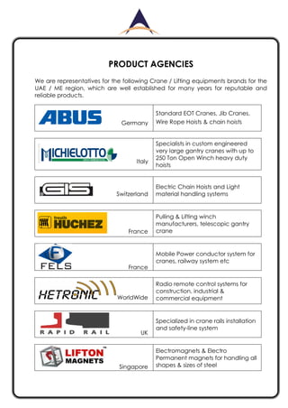 PRODUCT AGENCIES
We are representatives for the following Crane / Lifting equipments brands for the
UAE / ME region, which are well established for many years for reputable and
reliable products.
Germany
Standard EOT Cranes, Jib Cranes,
Wire Rope Hoists & chain hoists
Italy
Specialists in custom engineered
very large gantry cranes with up to
250 Ton Open Winch heavy duty
hoists
Switzerland
Electric Chain Hoists and Light
material handling systems
France
Pulling & Lifting winch
manufacturers, telescopic gantry
crane
France
Mobile Power conductor system for
cranes, railway system etc
WorldWide
Radio remote control systems for
construction, industrial &
commercial equipment
UK
Specialized in crane rails installation
and safety-line system
Singapore
Electromagnets & Electro
Permanent magnets for handling all
shapes & sizes of steel
 