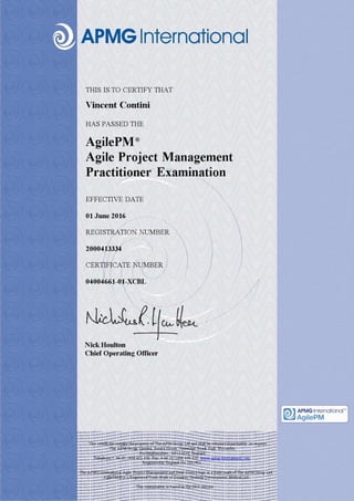 AgilePM Certification for Vincent Contini