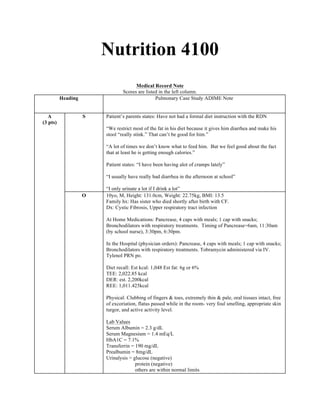 Nutrition 4100
Medical Record Note
Scores are listed in the left column.
Heading Pulmonary Case Study ADIME Note
A
(3 pts)
S Patient’s parents states: Have not had a formal diet instruction with the RDN
“We restrict most of the fat in his diet because it gives him diarrhea and make his
stool “really stink.” That can’t be good for him.”
“A lot of times we don’t know what to feed him. But we feel good about the fact
that at least he is getting enough calories.”
Patient states: “I have been having alot of cramps lately”
“I usually have really bad diarrhea in the afternoon at school”
“I only urinate a lot if I drink a lot”
O 10yo, M, Height: 131.0cm, Weight: 22.75kg, BMI: 13.5
Family hx: Has sister who died shortly after birth with CF.
Dx: Cystic Fibrosis, Upper respiratory tract infection
At Home Medications: Pancrease, 4 caps with meals; 1 cap with snacks;
Bronchodilators with respiratory treatments. Timing of Pancrease=6am, 11:30am
(by school nurse), 3:30pm, 6:30pm.
In the Hospital (physician orders): Pancrease, 4 caps with meals; 1 cap with snacks;
Bronchodilators with respiratory treatments. Tobramycin administered via IV.
Tylenol PRN po.
Diet recall: Est kcal: 1,048 Est fat: 6g or 6%
TEE: 2,022.85 kcal
DER: est. 2,200kcal
REE: 1,011.425kcal
Physical: Clubbing of fingers & toes, extremely thin & pale, oral tissues intact, free
of excoriation, flatus passed while in the room- very foul smelling, appropriate skin
turgor, and active activity level.
Lab Values
Serum Albumin = 2.3 g/dL
Serum Magnesium = 1.4 mEq/L
HbA1C = 7.1%
Transferrin = 190 mg/dL
Prealbumin = 8mg/dL
Urinalysis = glucose (negative)
protein (negative)
others are within normal limits
 