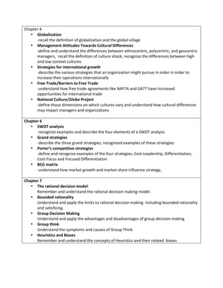 Chapter	
  4	
  
• Globalization	
  
-­‐recall	
  the	
  definition	
  of	
  globalization	
  and	
  the	
  global	
  village	
  
• Management	
  Attitudes	
  Towards	
  Cultural	
  Differences	
  
-­‐define	
  and	
  understand	
  the	
  differences	
  between	
  ethnocentric,	
  polycentric,	
  and	
  geocentric	
  
managers,	
  	
  recall	
  the	
  definition	
  of	
  culture	
  shock,	
  recognize	
  the	
  differences	
  between	
  high	
  
and	
  low	
  context	
  cultures	
  
• Strategies	
  for	
  international	
  growth	
  
-­‐describe	
  the	
  various	
  strategies	
  that	
  an	
  organization	
  might	
  pursue	
  in	
  order	
  in	
  order	
  to	
  
increase	
  their	
  operations	
  internationally	
  
• Free	
  Trade/Barriers	
  to	
  Free	
  Trade	
  
-­‐understand	
  how	
  free	
  trade	
  agreements	
  like	
  NAFTA	
  and	
  GATT	
  have	
  increased	
  
opportunities	
  for	
  international	
  trade	
  
• National	
  Culture/Globe	
  Project	
  
-­‐define	
  those	
  dimensions	
  on	
  which	
  cultures	
  vary	
  and	
  understand	
  how	
  cultural	
  differences	
  
may	
  impact	
  managers	
  and	
  organizations	
  
	
  
Chapter	
  6	
  
• SWOT	
  analysis	
  
-­‐recognize	
  examples	
  and	
  describe	
  the	
  four	
  elements	
  of	
  a	
  SWOT	
  analysis	
  
• Grand	
  strategies	
  
-­‐describe	
  the	
  three	
  grand	
  strategies,	
  recognized	
  examples	
  of	
  these	
  strategies	
  
• Porter’s	
  competitive	
  strategies	
  
-­‐define	
  and	
  recognize	
  examples	
  of	
  the	
  four	
  strategies;	
  Cost-­‐Leadership,	
  Differentiation,	
  
Cost-­‐Focus	
  and	
  Focused	
  Differentiation	
  
• BCG	
  matrix	
  
-­‐understand	
  how	
  market	
  growth	
  and	
  market	
  share	
  influence	
  strategy,	
  	
  
	
  
Chapter	
  7	
  
• The	
  rational	
  decision	
  model:	
  
Remember	
  and	
  understand	
  the	
  rational	
  decision	
  making	
  model.	
  
• Bounded	
  rationality	
  
Understand	
  and	
  apply	
  the	
  limits	
  to	
  rational	
  decision	
  making	
  	
  including	
  bounded	
  rationality	
  
and	
  satisficing.	
  
• Group	
  Decision	
  Making	
  
Understand	
  and	
  apply	
  the	
  advantages	
  and	
  disadvantages	
  of	
  group	
  decision	
  making	
  
• Group	
  think	
  
Understand	
  the	
  symptoms	
  and	
  causes	
  of	
  Group	
  Think	
  
• Heuristics	
  and	
  Biases	
  
Remember	
  and	
  understand	
  the	
  concepts	
  of	
  Heuristics	
  and	
  their	
  related	
  	
  biases	
  
 