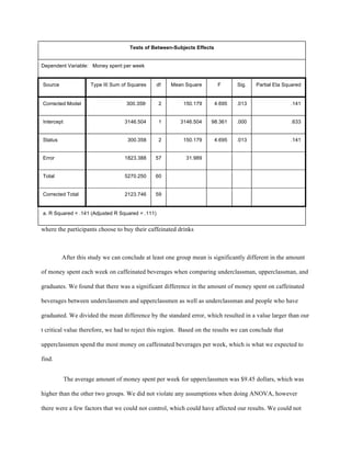 Tests of Between-Subjects Effects
Dependent Variable: Money spent per week
Source Type III Sum of Squares df Mean Square F Sig. Partial Eta Squared
Corrected Model 300.358a
2 150.179 4.695 .013 .141
Intercept 3146.504 1 3146.504 98.361 .000 .633
Status 300.358 2 150.179 4.695 .013 .141
Error 1823.388 57 31.989
Total 5270.250 60
Corrected Total 2123.746 59
a. R Squared = .141 (Adjusted R Squared = .111)
where the participants choose to buy their caffeinated drinks
After this study we can conclude at least one group mean is significantly different in the amount
of money spent each week on caffeinated beverages when comparing underclassman, upperclassman, and
graduates. We found that there was a significant difference in the amount of money spent on caffeinated
beverages between underclassmen and upperclassmen as well as underclassman and people who have
graduated. We divided the mean difference by the standard error, which resulted in a value larger than our
t critical value therefore, we had to reject this region. Based on the results we can conclude that
upperclassmen spend the most money on caffeinated beverages per week, which is what we expected to
find.	
  
The average amount of money spent per week for upperclassmen was $9.45 dollars, which was
higher than the other two groups. We did not violate any assumptions when doing ANOVA, however
there were a few factors that we could not control, which could have affected our results. We could not
 