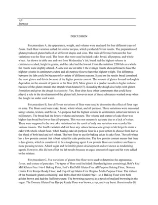 All
Purpose
DISCUSSION
For procedure A, the appearance, weight, and volume were analyzed for four different types of
flours. Each flour variation called for similar recipes, which yielded different results. The preparation of
gluten produced gluten balls of all different shapes and sizes. The main difference between the four
variations was the flour used. The flours that were used included: cake, bread, all purpose, and whole
wheat. As shown in table one and two from Wednesday’s lab, bread had the highest volume in
centimeters cubed, height in grams, and the cake had the lowest. From the nutrition 2200 lab as a whole
the results were slightly altered. As one can see on table 3 the average results showed bread to have the
highest volume in centimeters cubed and all-purpose flour to have the highest weight. The difference
between the labs could be because of a variety of different reasons. Based on the results bread contained
the most gluten and this is because of the higher protein content. The amount of gluten formed in dough is
dependent on the amount of protein in the flour (67). More gluten in a product results in higher volume
because of the gluten strands that stretch when heated (67). Kneading the dough also helps with gluten
formation and gives the dough its elasticity. Yes, flour does have other components that could have
played a role in the development of the gluten ball, however most of these substances washed away when
the dough ran under cool water.
For procedure B, four different variations of flour were used to determine the effect of flour type
on cake. The flours used were cake, bread, whole wheat, and all purpose. Three variations were measured
using volume, texture, and flavor. All-purpose had the highest volume in centimeters cubed and texture in
millimeters. The bread had the lowest volume and texture. The volume and texture of cake flour was
higher than bread but lower than all-purpose. This was not extremely accurate due to a lack of values.
There were supposed to be two cake variations but the result of only one variation was recorded for
various reasons. The fourth variation did not have any values because one group in lab forgot to make a
cake with whole-wheat flour. When baking cake all-purpose flour is a good option to choose from due to
the blend of both hard and soft wheat. The best flour to use for baking cakes is cake flour. The soft wheat
has a low protein content that is best suited for cake production. The low protein content means that there
is less gluten, which is considered to be a toughening agent. Low protein flours are tenderer and have a
more pleasing texture. Added sugar and fat inhibit gluten development and are known as tenderizing
agents. However, this did not affect the lab results because an equal amount of sugar and fat were added
to the mixture.
For procedure C, five variations of gluten-free flour were used to determine the appearance,
flavor, and texture of pancakes. The types of flour used included: Standard (gluten containing), Bob’s Red
Mill Gluten Free 1-to-1 Baking Flour, Bob’s Red Mill Gluten Free All Purpose Baking Flour, Domata
Gluten Free Recipe Ready Flour, and Cup 4 Cup Gluten Free Original Multi-Purpose Flour. The texture
of the Standard (gluten containing) and Bob;s Red Mill Gluten Free 1-to-1 Baking Flour were both
golden brown and had the fluffiest texture. The browning occurred as a result of mailard browning in the
sugar. The Domata Gluten Free Recipe Ready Flour was brown, crisp, and very burnt. Burnt results did
 