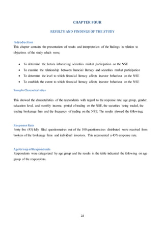 22
CHAPTER FOUR
RESULTS AND FINDINGS OF THE STUDY
Introduction
This chapter contains the presentation of results and interpretation of the findings in relation to
objectives of the study which were;
 To determine the factors influencing securities market participation on the NSE
 To examine the relationship between financial literacy and securities market participation
 To determine the level to which financial literacy affects investor behaviour on the NSE
 To establish the extent to which financial literacy affects investor behaviour on the NSE
SampleCharacteristics
This showed the characteristics of the respondents with regard to the response rate, age group, gender,
education level, and monthly income, period of trading on the NSE, the securities being traded, the
trading brokerage firm and the frequency of trading on the NSE. The results showed the following;
ResponseRate
Forty five (45) fully filled questionnaires out of the 100 questionnaires distributed were received from
brokers of the brokerage firms and individual investors. This represented a 45% response rate.
AgeGroupofRespondents
Respondents were categorized by age group and the results in the table indicated the following on age
group of the respondents.
 