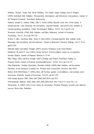 36
Dohmen, Thomas, Armin Falk, David Huffman, Uwe Sunde, Jurgen Schupp, Gert G. Wagner.
(2009), Individual Risk Attitudes: Measurement, determinants and behavioural consequences, Journal of
the European Economic Association forthcoming
Johnson, Joseph G., Andreas Wilke, Elke U. Weber (2004), Beyond a trait view of risk taking: A
domain-specific scale measuring risk perceptions, expected benefits, and perceive-risk attitudes in
German-speaking populations, Polish Psychological Bulletin, Vol.35, No.5, pp153-163
Warneryd, Karl-Erik (1996), Risk Attitudes and Risky Behaviour, Journal of Economic
Psychology, Vol.17, No.6, pp 749-770
Weber, U. Elke, Ann-Rene Blais, Nancy E. Betz (2002), A domain-Specific Risk Attitude Scale:
Measuring risk perceptions and risk behaviors, Journal of Behavioral Decision Making, Vol.15, No.4,
pp263-290
Malcolm Baker and Jeffrey Wurgler (2007), Investor Sentiment in the Stock Market
Hirshleifer D, and G.Y. Luo, (2001), On the Survival of Overconfident traders in a Competitive
Security Market, Journal of Financial Markets 4, 73-84
Rhea Tingyu Zhou and Rose Nenglai (2007), Herding and Positive Feed Back Trading on
Property Stocks, Journal of Property Investment&Finance, Vol.26, No.2, pp 110-131
Oleg Badunenko, Nataliya Barasinska, Dorothea Schafer (2009), Risk Attitudes and Investment
Decisions across European Countries-Are Women more Conservative Investors than Men?
Barber, B.M.AND Odean, T. (2001), Boys will be boys: gender, overconfidence, and common stock
investment, Quarterly Journal of Economics, Vol.116, pp.261-292
NSE Annual Reports 2005, 2006, 2007,2008,2009,2010, and 2011
NSE Quarterly Bulletins 2005, 2006, 2007,2008,2009,2010, 2011 Vols.5-11, Issue No. 1-4
Monyoncho, K. (2007). How to save money for Investment: Practical Principles towards your financial
success; Word Alive Publishers
 