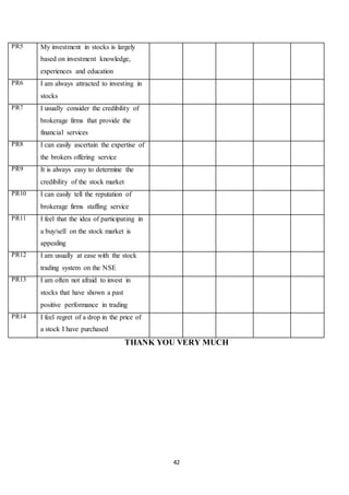 42
PR5 My investment in stocks is largely
based on investment knowledge,
experiences and education
PR6 I am always attracted to investing in
stocks
PR7 I usually consider the credibility of
brokerage firms that provide the
financial services
PR8 I can easily ascertain the expertise of
the brokers offering service
PR9 It is always easy to determine the
credibility of the stock market
PR10 I can easily tell the reputation of
brokerage firms staffing service
PR11 I feel that the idea of participating in
a buy/sell on the stock market is
appealing
PR12 I am usually at ease with the stock
trading system on the NSE
PR13 I am often not afraid to invest in
stocks that have shown a past
positive performance in trading
PR14 I feel regret of a drop in the price of
a stock I have purchased
THANK YOU VERY MUCH
 