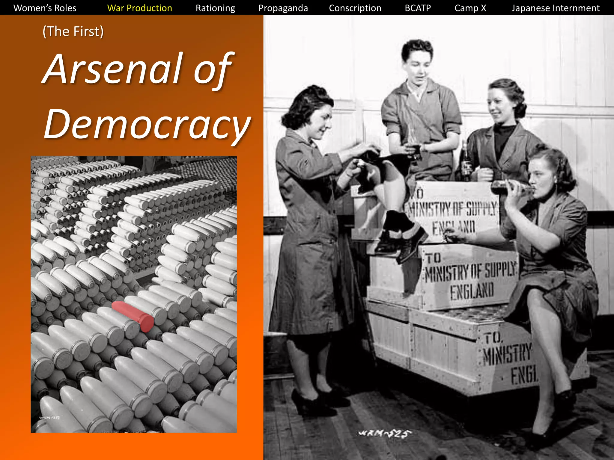 Women’s Roles War Production Rationing Propaganda Conscription BCATP Camp X Japanese Internment 
(The First) 
Arsenal of 
Democracy 
 