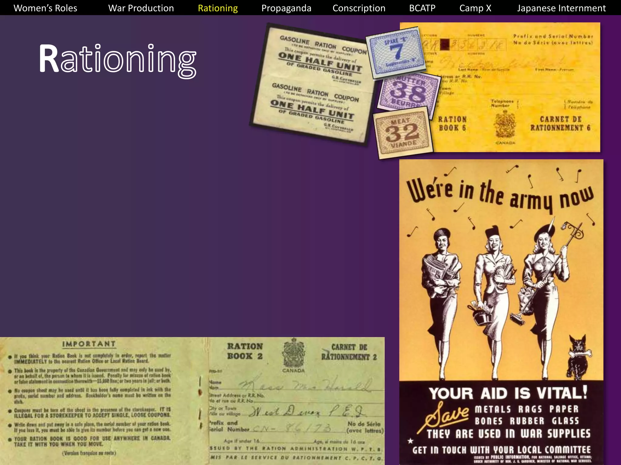 Women’s Roles War Production Rationing Propaganda Conscription BCATP Camp X Japanese Internment 
 