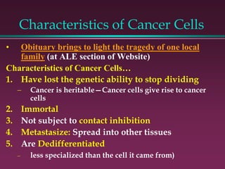 Characteristics of Cancer Cells
• Obituary brings to light the tragedy of one local
family (at ALE section of Website)
Characteristics of Cancer Cells…
1. Have lost the genetic ability to stop dividing
 Cancer is heritable—Cancer cells give rise to cancer
cells
2. Immortal
3. Not subject to contact inhibition
4. Metastasize: Spread into other tissues
5. Are Dedifferentiated
 less specialized than the cell it came from)
 