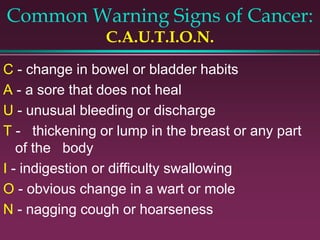 Common Warning Signs of Cancer:
C.A.U.T.I.O.N.
C - change in bowel or bladder habits
A - a sore that does not heal
U - unusual bleeding or discharge
T - thickening or lump in the breast or any part
of the body
I - indigestion or difficulty swallowing
O - obvious change in a wart or mole
N - nagging cough or hoarseness
 