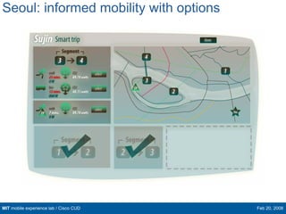 Seoul: informed mobility with options




MIT mobile experience lab / Cisco CUD   Feb 20, 2008