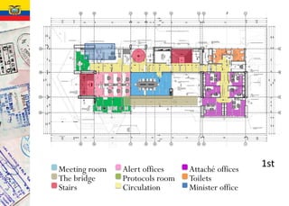Meeting room
The bridge
Attaché offices
ToiletsProtocols room
Minister officeStairs Circulation
Alert offices
1st
 