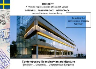 Contemporary Scandinavian architecture
A Physical Representation of Swedish Values
OPENNESS TRANSPARENCY DEMOCRACY
unusual features in an embassy
Rejecting the
conventional embassy
typology
Simplicity… Modernity… Unpretentious Elegance
CONCEPT
 