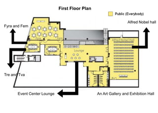 First Floor Plan
Alfred Nobel hall
An Art Gallery and Exhibition HallEvent Center Lounge
Fyra and Fem
Tre and Tva
 