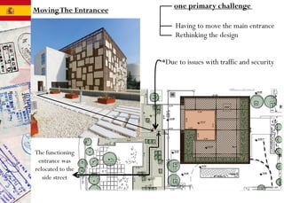 one primary challenge
Having to move the main entrance
Rethinking the design
*Due to issues with traffic and security
The functioning
entrance was
relocated to the
side street
MovingThe Entrancee
 