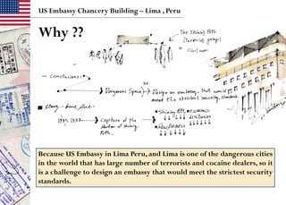 Why ??
US Embassy Chancery Building – Lima , Peru
Because US Embassy in Lima Peru, and Lima is one of the dangerous cities
in the world that has large number of terrorists and cocaine dealers, so it
is a challenge to design an embassy that would meet the strictest security
standards.
 