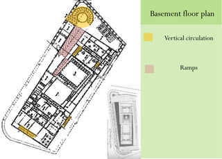 Basement floor plan
Vertical circulation
Ramps
 