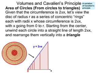x0
y = 2πx
Given that the circumference is 2πx, let’s view the
disc of radius r as a series of concentric “rings”
each with radii x whose circumference is 2πx,
with x going from 0 to r. Starting from the center,
unwind each circle into a straight line of length 2πx,
and rearrange them vertically into a triangle
Area of Circles (From circles to triangles)
Volumes and Cavalieri’s Principle A variation
of Cavalieri’s
principle
 