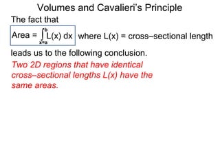 Volumes and Cavalieri’s Principle
Two 2D regions that have identical
cross–sectional lengths L(x) have the
same areas.
The fact that
Area = ∫x=a
b
L(x) dx
leads us to the following conclusion.
where L(x) = cross–sectional length
 
