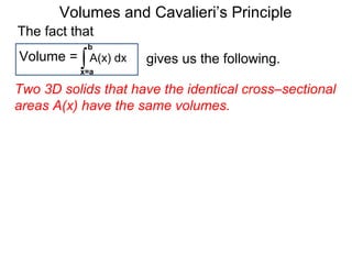 Volumes and Cavalieri’s Principle
Two 3D solids that have the identical cross–sectional
areas A(x) have the same volumes.
∫x=a
b
A(x) dxVolume =
The fact that
gives us the following.
 