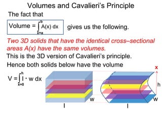 Volumes and Cavalieri’s Principle
Two 3D solids that have the identical cross–sectional
areas A(x) have the same volumes.
∫x=a
b
A(x) dxVolume =
The fact that
gives us the following.
Hence both solids below have the volume
l
w
l
w
h
∫x=0
h
l * w dx
x
V =
This is the 3D version of Cavalieri’s principle.
 