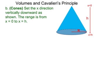 Volumes and Cavalieri’s Principle
b. (Cones) Set the x direction
vertically downward as
shown. The range is from
x = 0 to x = h.
h
x=h
x=0
R
 