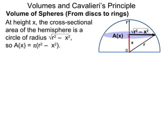 Volume of Spheres (From discs to rings)
Volumes and Cavalieri’s Principle
r
0
x r
At height x, the cross-sectional
area of the hemisphere is a
circle of radius √r2
– x2
,
so A(x) = π(r2
– x2
).
√r2
– x2
A(x)
 