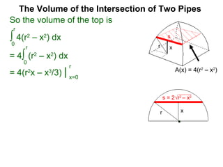 The Volume of the Intersection of Two Pipes
So the volume of the top is
∫ 4(r2
– x2
) dx
0
r
x=a
b
s = 2√r2
– x2
s
xr
= 4∫ (r2
– x2
) dx
0
r
= 4(r2
x – x3
/3) | x=0
r
A(x) = 4(r2
– x2
)
xr
s
 