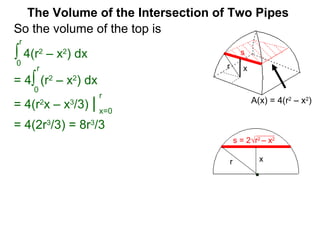 The Volume of the Intersection of Two Pipes
So the volume of the top is
∫ 4(r2
– x2
) dx
0
r
x=a
b
s = 2√r2
– x2
s
xr
= 4∫ (r2
– x2
) dx
0
r
= 4(r2
x – x3
/3) | x=0
r
= 4(2r3
/3) = 8r3
/3
A(x) = 4(r2
– x2
)
xr
s
 