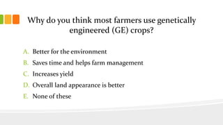 Why do you think most farmers use genetically
engineered (GE) crops?
A. Better for the environment
B. Saves time and helps farm management
C. Increases yield
D. Overall land appearance is better
E. None of these
 