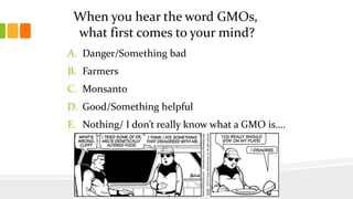 When you hear the word GMOs,
what first comes to your mind?
A. Danger/Something bad
B. Farmers
C. Monsanto
D. Good/Something helpful
E. Nothing/ I don’t really know what a GMO is….
 
