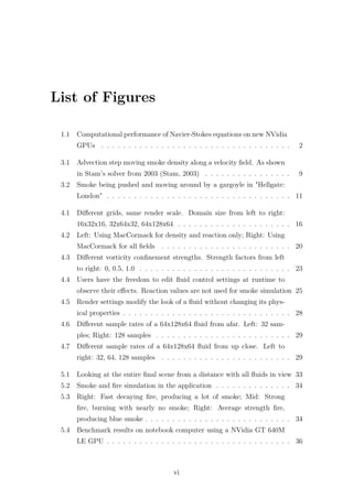 List of Figures 
1.1 Computational performance of Navier-Stokes equations on new NVidia 
GPUs . . . . . . . . . . . . . . . . . . . . . . . . . . . . . . . . . . . 2 
3.1 Advection step moving smoke density along a velocity field. As shown 
in Stam’s solver from 2003 (Stam, 2003) . . . . . . . . . . . . . . . . 9 
3.2 Smoke being pushed and moving around by a gargoyle in "Hellgate: 
London" . . . . . . . . . . . . . . . . . . . . . . . . . . . . . . . . . . 11 
4.1 Different grids, same render scale. Domain size from left to right: 
16x32x16, 32x64x32, 64x128x64 . . . . . . . . . . . . . . . . . . . . . 16 
4.2 Left: Using MacCormack for density and reaction only; Right: Using 
MacCormack for all fields . . . . . . . . . . . . . . . . . . . . . . . . 20 
4.3 Different vorticity confinement strengths. Strength factors from left 
to right: 0, 0.5, 1.0 . . . . . . . . . . . . . . . . . . . . . . . . . . . . 23 
4.4 Users have the freedom to edit fluid control settings at runtime to 
observe their effects. Reaction values are not used for smoke simulation 25 
4.5 Render settings modify the look of a fluid without changing its phys-ical 
properties . . . . . . . . . . . . . . . . . . . . . . . . . . . . . . . 28 
4.6 Different sample rates of a 64x128x64 fluid from afar. Left: 32 sam-ples; 
Right: 128 samples . . . . . . . . . . . . . . . . . . . . . . . . . 29 
4.7 Different sample rates of a 64x128x64 fluid from up close. Left to 
right: 32, 64, 128 samples . . . . . . . . . . . . . . . . . . . . . . . . 29 
5.1 Looking at the entire final scene from a distance with all fluids in view 33 
5.2 Smoke and fire simulation in the application . . . . . . . . . . . . . . 34 
5.3 Right: Fast decaying fire, producing a lot of smoke; Mid: Strong 
fire, burning with nearly no smoke; Right: Average strength fire, 
producing blue smoke . . . . . . . . . . . . . . . . . . . . . . . . . . . 34 
5.4 Benchmark results on notebook computer using a NVidia GT 640M 
LE GPU . . . . . . . . . . . . . . . . . . . . . . . . . . . . . . . . . . 36 
vi 
 