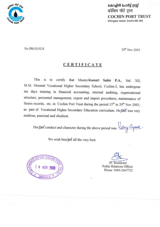 training certificate from cochin port trust