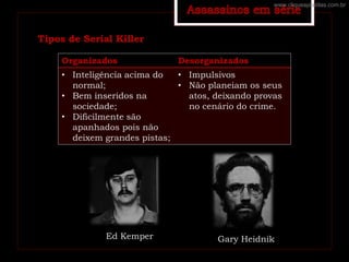 Tipos de Serial Killer
Organizados Desorganizados
• Inteligência acima do
normal;
• Bem inseridos na
sociedade;
• Dificilmente são
apanhados pois não
deixem grandes pistas;
• Impulsivos
• Não planeiam os seus
atos, deixando provas
no cenário do crime.
Ed Kemper Gary Heidnik
www.cliqueapostilas.com.br
 