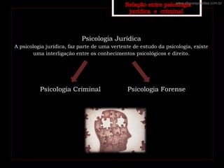 Psicologia Jurídica
A psicologia jurídica, faz parte de uma vertente de estudo da psicologia, existe
uma interligação entre os conhecimentos psicológicos e direito.
Psicologia Criminal Psicologia Forense
www.cliqueapostilas.com.br
 
