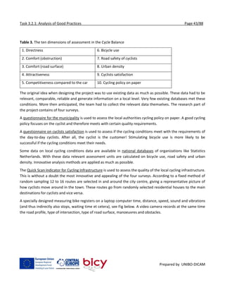 Task 3.2.1: Analysis of Good Practices Page 43/88
Prepared by UNIBO-DICAM
Table 3. The ten dimensions of assessment in the Cycle Balance
1. Directness 6. Bicycle use
2. Comfort (obstruction) 7. Road safety of cyclists
3. Comfort (road surface) 8. Urban density
4. Attractiveness 9. Cyclists satisfaction
5. Competitiveness compared to the car 10. Cycling policy on paper
The original idea when designing the project was to use existing data as much as possible. These data had to be
relevant, comparable, reliable and generate information on a local level. Very few existing databases met these
conditions. More then anticipated, the team had to collect the relevant data themselves. The research part of
the project contains of four surveys.
A questionnaire for the municipality is used to assess the local authorities cycling policy on paper. A good cycling
policy focuses on the cyclist and therefore meets with certain quality requirements.
A questionnaire on cyclists satisfaction is used to assess if the cycling conditions meet with the requirements of
the day-to-day cyclists. After all, the cyclist is the customer! Stimulating bicycle use is more likely to be
successful if the cycling conditions meet their needs.
Some data on local cycling conditions data are available in national databases of organizations like Statistics
Netherlands. With these data relevant assessment units are calculated on bicycle use, road safety and urban
density. Innovative analysis methods are applied as much as possible.
The Quick Scan Indicator for Cycling Infrastructure is used to assess the quality of the local cycling infrastructure.
This is without a doubt the most innovative and appealing of the four surveys. According to a fixed method of
random sampling 12 to 16 routes are selected in and around the city centre, giving a representative picture of
how cyclists move around in the town. These routes go from randomly selected residential houses to the main
destinations for cyclists and vice versa.
A specially designed measuring bike registers on a laptop computer time, distance, speed, sound and vibrations
(and thus indirectly also stops, waiting time et cetera), see Fig below. A video camera records at the same time
the road profile, type of intersection, type of road surface, manoeuvres and obstacles.
 