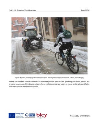 Task 3.2.1: Analysis of Good Practices Page 55/88
Prepared by UNIBO-DICAM
Figure: A cyclist finds refuge behind a snow plow in Bologna during a snow storm. (Photo, Jason Meggs).
Indeed, it is viable for some maintenance to be done by bicycle. This includes gardening (see photo, below), but
of course surveyance of the bicycle network. Some cyclists even carry a broom to sweep broken glass and fallen
nails in the service of their fellow cyclists.
 