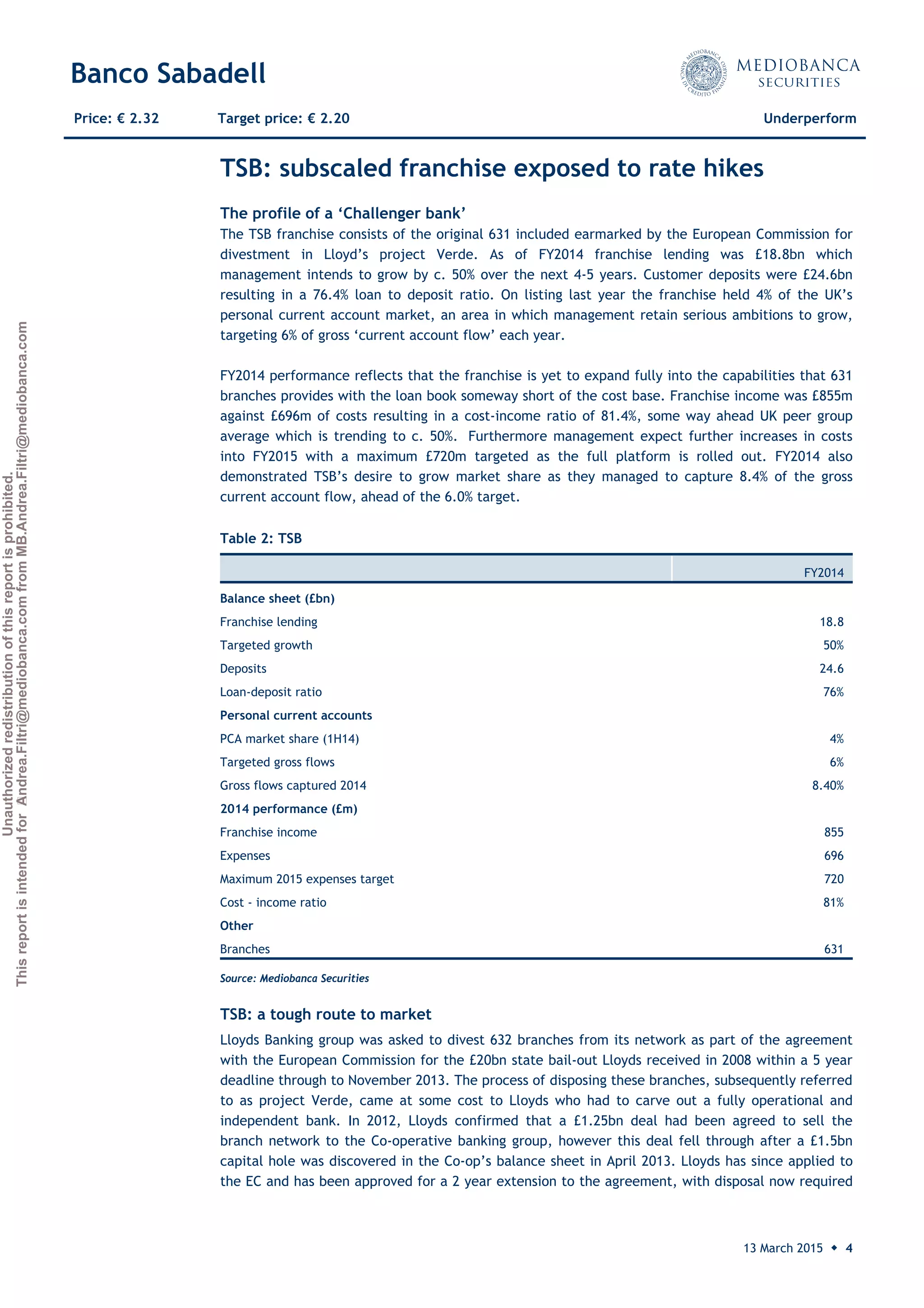 Unauthorizedredistributionofthisreportisprohibited.
ThisreportisintendedforAndrea.Filtri@mediobanca.comfromMB.Andrea.Filtri@mediobanca.com
Banco Sabadell
13 March 2015 ◆ 4
Price: € 2.32 Target price: € 2.20 Underperform
TSB: subscaled franchise exposed to rate hikes
The profile of a ‘Challenger bank’
The TSB franchise consists of the original 631 included earmarked by the European Commission for
divestment in Lloyd’s project Verde. As of FY2014 franchise lending was £18.8bn which
management intends to grow by c. 50% over the next 4-5 years. Customer deposits were £24.6bn
resulting in a 76.4% loan to deposit ratio. On listing last year the franchise held 4% of the UK’s
personal current account market, an area in which management retain serious ambitions to grow,
targeting 6% of gross ‘current account flow’ each year.
FY2014 performance reflects that the franchise is yet to expand fully into the capabilities that 631
branches provides with the loan book someway short of the cost base. Franchise income was £855m
against £696m of costs resulting in a cost-income ratio of 81.4%, some way ahead UK peer group
average which is trending to c. 50%. Furthermore management expect further increases in costs
into FY2015 with a maximum £720m targeted as the full platform is rolled out. FY2014 also
demonstrated TSB’s desire to grow market share as they managed to capture 8.4% of the gross
current account flow, ahead of the 6.0% target.
TSB: a tough route to market
Lloyds Banking group was asked to divest 632 branches from its network as part of the agreement
with the European Commission for the £20bn state bail-out Lloyds received in 2008 within a 5 year
deadline through to November 2013. The process of disposing these branches, subsequently referred
to as project Verde, came at some cost to Lloyds who had to carve out a fully operational and
independent bank. In 2012, Lloyds confirmed that a £1.25bn deal had been agreed to sell the
branch network to the Co-operative banking group, however this deal fell through after a £1.5bn
capital hole was discovered in the Co-op’s balance sheet in April 2013. Lloyds has since applied to
the EC and has been approved for a 2 year extension to the agreement, with disposal now required
Table 2: TSB
 
FY2014
Balance sheet (£bn)
Franchise lending 18.8
Targeted growth 50%
Deposits 24.6
Loan-deposit ratio 76%
Personal current accounts
PCA market share (1H14) 4%
Targeted gross flows 6%
Gross flows captured 2014 8.40%
2014 performance (£m)
Franchise income 855
Expenses 696
Maximum 2015 expenses target 720
Cost - income ratio 81%
Other
Branches 631
Source: Mediobanca Securities
 