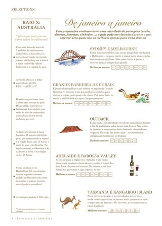 |Reservas:.(11).3069 93278
De janeiro a janeiro
Com proporções continentais e uma variedade de paisagens (praia,
deserto, florestas, vinhedos…), o país pode ser visitado durante o ano
inteiro! Veja quais são as melhores épocas para cada destino
Jan Ago Set
SYDNEY E MELBOURNE
Como boas metrópoles, não existe tempo feio em Sydney
e Melbourne – dá para curtir a maior parte das atrações
independente do clima. Mas, para curtir a praia, o
inverno deixa o tempo mais gelado.
Melhores meses: Fev Mar Out Nov Dez
TASMÂNIA E KANGAROO ISLAND
Para curtir as praias e as atividades ao ar livre,
nada como aproveitar os meses mais quentes ou com
temperaturas amenas. No inverno, as temperaturas
caem bastante.
Melhores meses: Jan Fev Mar OutAbr Nov Dez
RAIO X:
AUSTRÁLIA
Tudo o que você precisa
saber antes de embarcar!
Com uma área de mais de
7 milhões de quilômetros
quadrados, a Austrália é a
sexta maior nação do mundo.
Apesar de Sydney ser a maior
e mais conhecida cidade,
Canberra é a capital do país.
A moeda oficial é o dólar
australiano (AUD).
US$ 1 = AUD 1,27*
Brasileiros precisam tirar
o visto para entrar no país.
Desde 2012, o processo é
facilmente feito online, por
meio do site da embaixada
australiana (www.brazil.
embassy.gov.au).
A Austrália possui 3 fusos
horários. O horário oficial do
país, que compreende a capital
e a região leste, são 13 horas a
mais do que o de Brasília. Na
região central, a diferença é de
12 horas e meia, e na região
oeste, 11 horas.
Como localiza-se no
Hemisfério Sul, as estações
do ano seguem o mesmo
padrão do Brasil (verão entre
dezembro e março; inverno,
entre junho e setembro)
A voltagem padrão é 220 volts.
*Valor aproximado, sujeito a variações
cambiais.
NovAbr Ago Set Out
GRANDE BARREIRA DE CORAIS
É possível mergulhar o ano inteiro na região da Grande
Barreira. O inverno é um dos melhores períodos para
visitar a região, pois quase não chove. Por outro lado, no
verão, a visibilidade da água é impressionante!
Melhores meses: JulJunMai
SetAgoAbr Jul
OUTBACK
Como muitas das atividades envolvem caminhadas durante
o dia, dê preferência pelos meses mais frescos. Nas noites
de inverno, a temperatura baixa bastante, chegando aos
10 graus. No verão, faz muito calor – os termômetros
ultrapassam facilmente os 40 graus.
Melhores meses: JunMai
ADELAIDE E BAROSSA VALLEY
Ao sul do país, a região dos vinhedos é um ótimo
passeio em qualquer época do ano, porém o tempo fica
bem frio e chuvoso no inverno. No outono, a cor das
folhas dos parrerais é algo especial de ver.
Melhores meses: MaiJan Fev Mar OutAbr Nov Dez
 
