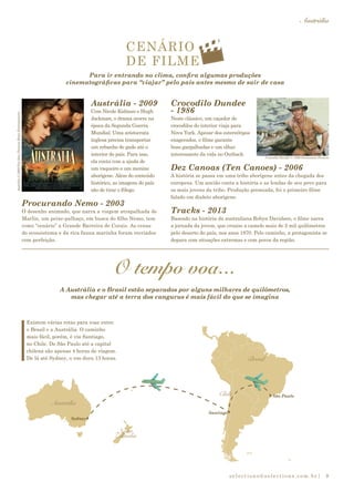 selections@selections.com.br|
Austrália
9
O tempo voa...
A Austrália e o Brasil estão separados por alguns milhares de quilômetros,
mas chegar até a terra dos cangurus é mais fácil do que se imagina
Austrália©2008Fox-SonyPicturesHomeEntertainment.
Crocodilo Dundee © 1986 Paramount Pictures
São Paulo
Santiago
Sydney
Brasil
Chile
Austrália
Nova
Zelândia
CENÁRIO
DE FILME
Para ir entrando no clima, confira algumas produções
cinematográficas para “viajar” pelo país antes mesmo de sair de casa
Austrália - 2009
Com Nicole Kidman e Hugh
Jackman, o drama ocorre na
época da Segunda Guerra
Mundial. Uma aristocrata
inglesa precisa transportar
um rebanho de gado até o
interior do país. Para isso,
ela conta com a ajuda de
um vaqueiro e um menino
aborígene. Além do conteúdo
histórico, as imagens do país
são de tirar o fôlego.
Crocodilo Dundee
- 1986
Neste clássico, um caçador de
crocodilos do interior viaja para
Nova York. Apesar dos estereótipos
exagerados, o filme garante
boas gargalhadas e um olhar
interessante da vida no Outback.
Dez Canoas (Ten Canoes) - 2006
A história se passa em uma tribo aborígene antes da chegada dos
europeus. Um ancião conta a história e as lendas de seu povo para
os mais jovens da tribo. Produção premiada, foi o primeiro filme
falado em dialeto aborígene.
Procurando Nemo - 2003
O desenho animado, que narra a viagem atrapalhada de
Marlin, um peixe-palhaço, em busca do filho Nemo, tem
como “cenário” a Grande Barreira de Corais. As cenas
do ecossistema e da rica fauna marinha foram recriados
com perfeição.
Tracks - 2013
Baseado na história da australiana Robyn Davidson, o filme narra
a jornada da jovem, que cruzou a camelo mais de 2 mil quilômetros
pelo deserto do país, nos anos 1970. Pelo caminho, a protagonista se
depara com situações extremas e com povos da região.
Existem várias rotas para voar entre
o Brasil e a Austrália. O caminho
mais fácil, porém, é via Santiago,
no Chile. De São Paulo até a capital
chilena são apenas 4 horas de viagem.
De lá até Sydney, o voo dura 13 horas.
 