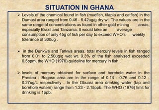 SITUATION IN GHANA
 Levels of the chemical found in fish (mudfish, tilapia and catfish) in the
Dumasi area ranged from 0.46 - 6.42ug/g dry wt. The values are in the
same range of concentrations as found in other gold mining areas,
especially Brazil and Tanzania. It would take an average
consumption of only 45g of fish per day to exceed WHO’s weekly
tolerance of 300ug .
 in the Dunkwa and Tarkwa areas, total mercury levels in fish ranged
from 0.01 to 2.50ug/g wet wt. 9.3% of the fish analysed exceeded
0.5ppm, the WHO (1976) guideline for mercury in fish .
 levels of mercury obtained for surface and borehole water in the
Prestea - Bogoso area are in the range of 0.14 - 0.76 and 0.12 -
0.27ug/L respectively . In the Obuasi area drinking water (tap and
borehole waters) range from 1.23 - 2.15ppb. The WHO (1976) limit for
drinking is 1ppb.
46
 