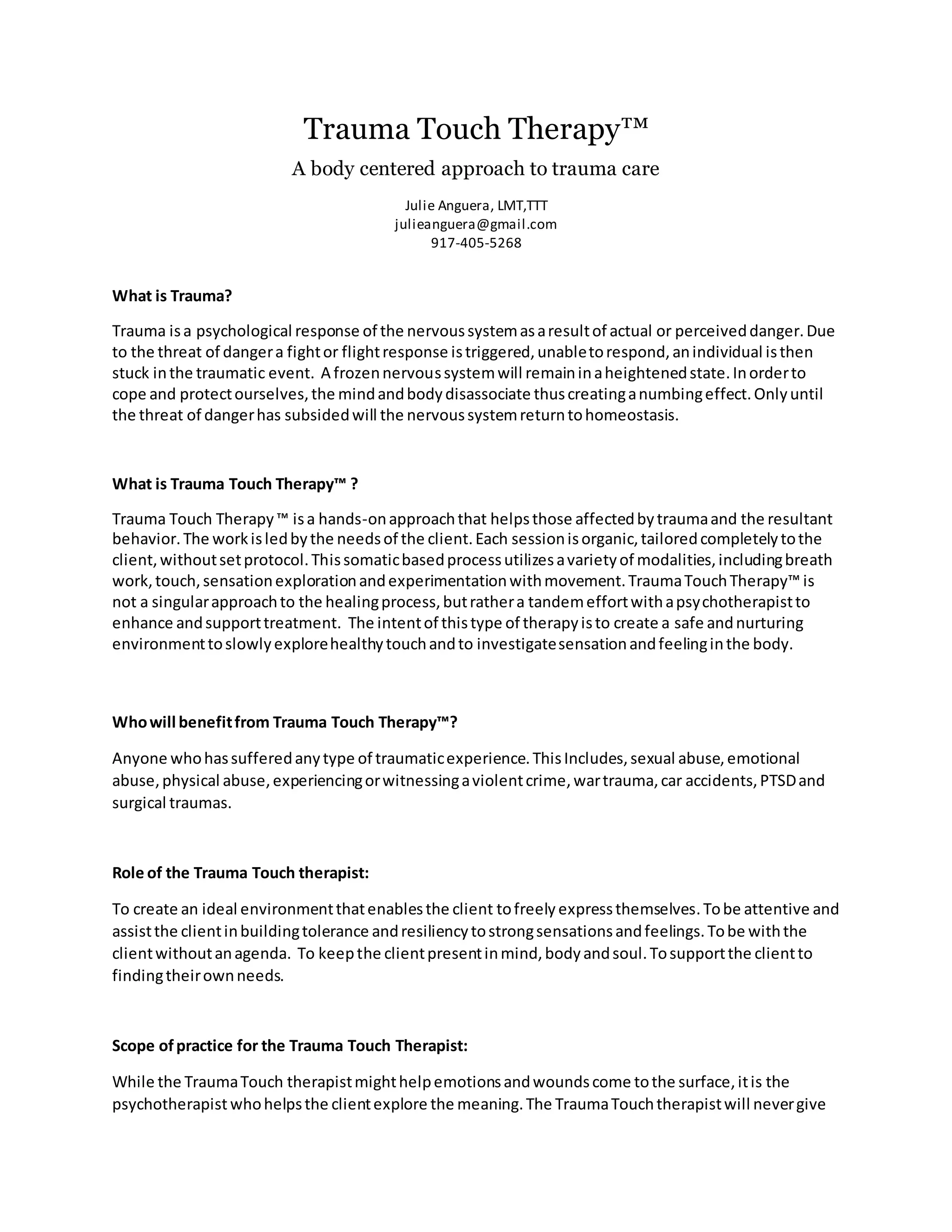 Trauma Touch Therapy DOCX First Aid Injuries