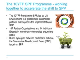 11
• The 10YFP Programme SPP, led by UN
Environment, is a global multi-stakeholder
platform that supports the implementation of
SPP.
• 107 Partner Organizations and 14 Individual
Experts in more than 40 countries around the
globe
• Builds synergies between partners to achieve
the Sustainable Development Goals (SDG)
target on SPP.
The 10YFP SPP Programme - working
together to accelerate the shift to SPP
 