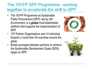 6
• The 10YFP Programme on Sustainable
Public Procurement (SPP), led by UN
Environment, is a global multi-stakeholder
platform that supports the implementation of
SPP.
• 107 Partner Organizations and 14 Individual
Experts in more than 40 countries around the
globe
• Builds synergies between partners to achieve
the Sustainable Development Goals (SDG)
target on SPP.
The 10YFP SPP Programme - working
together to accelerate the shift to SPP
 