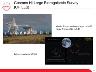 19
Cosmos HI Large Extragalactic Survey
(CHILES)
19
VLA	in	B	array	and	covering	a	redshil		
range	from	z=0	to	z=0.45	
Full	data-cube	is	500GB	
 