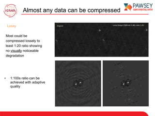 Almost any data can be compressed
Most could be
compressed lossely to
least 1:20 ratio showing
no visually noticeable
degradation
Lossy	(target	PSNR=44.5	dB),	ra7o	1:20,		Original	
•  1:100s ratio can be
achieved with adaptive
quality
Lossy
 